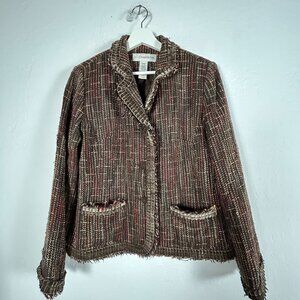 Sag Harbor Womens Brown Tweed Blazer Jacket Size 10 Fringe Trim Pockets Career